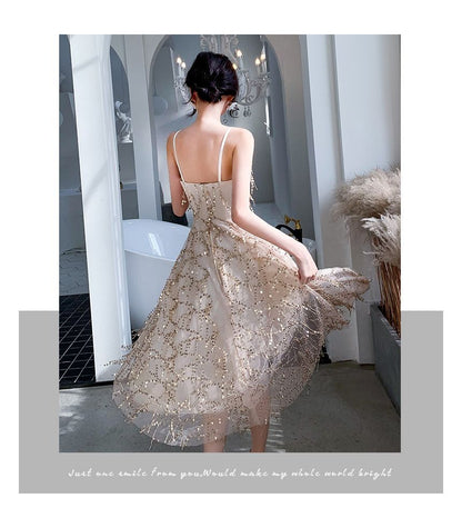 Set: Spaghetti Strap V-Neck Plain Sequin Midi A-Line Cocktail Dress + Capelet