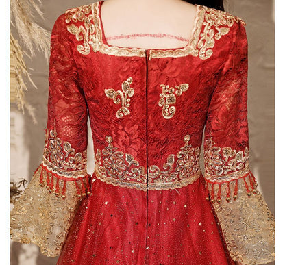 3/4-Sleeve Square Neck Flower Embroidered Glitter Tassel Lace Panel Mesh A-Line Chinese Wedding Gown