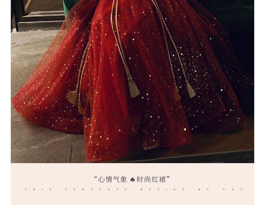 3/4-Sleeve Square Neck Flower Embroidered Glitter Tassel Lace Panel Mesh A-Line Chinese Wedding Gown