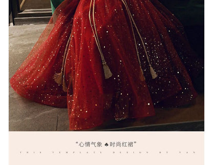 3/4-Sleeve Square Neck Flower Embroidered Glitter Tassel Lace Panel Mesh A-Line Chinese Wedding Gown