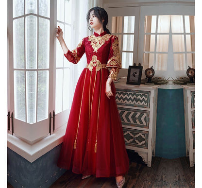 3/4-Sleeve Mandarin Collar Embroidered Tassel Lace Panel Mesh A-Line Chinese Wedding Gown