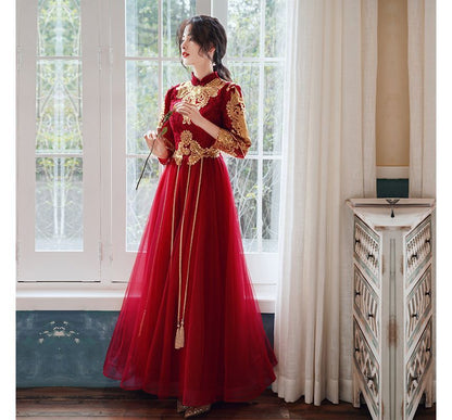 3/4-Sleeve Mandarin Collar Embroidered Tassel Lace Panel Mesh A-Line Chinese Wedding Gown
