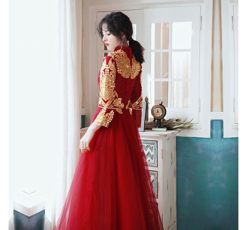 3/4-Sleeve Mandarin Collar Embroidered Tassel Lace Panel Mesh A-Line Chinese Wedding Gown