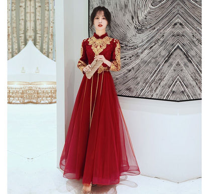 3/4-Sleeve Mandarin Collar Embroidered Tassel Lace Panel Mesh A-Line Chinese Wedding Gown
