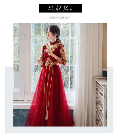 3/4-Sleeve Mandarin Collar Embroidered Tassel Lace Panel Mesh A-Line Chinese Wedding Gown