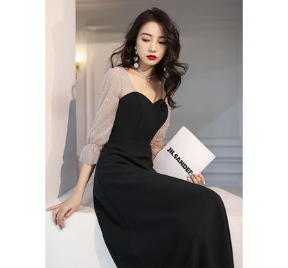 A-Line Dress / Neck Sequin Sweetheart Cocktail Gown Panel Evening Mesh 3/4-Sleeve