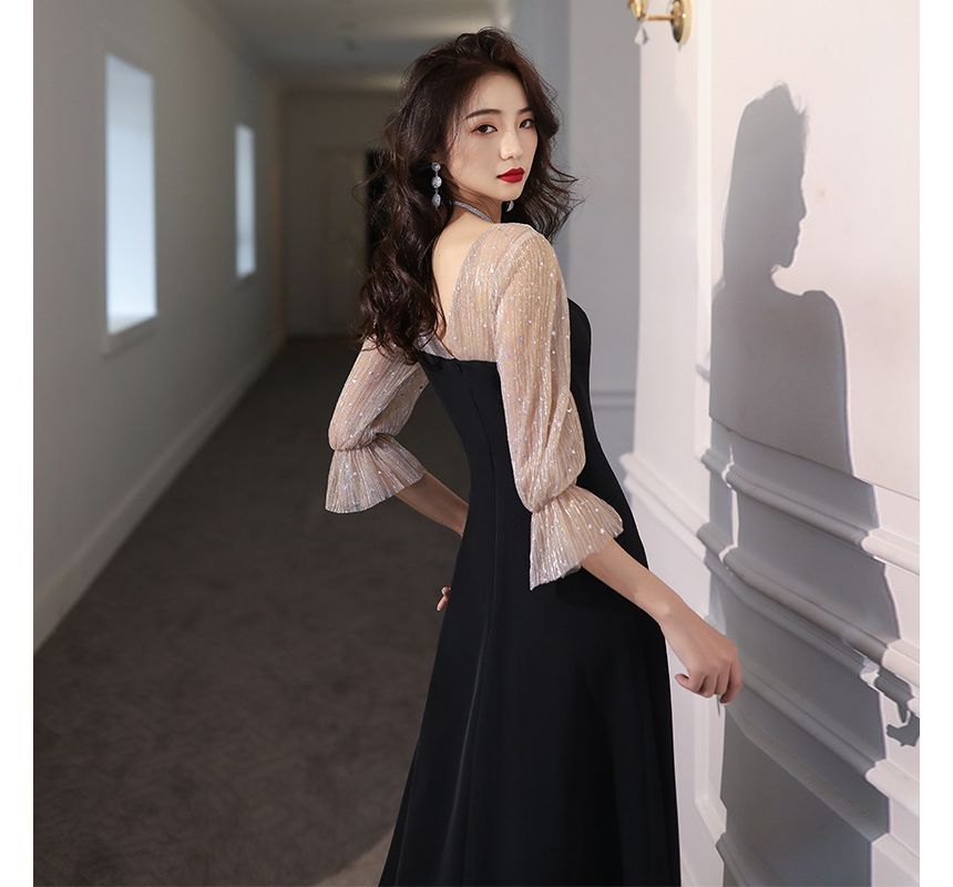 A-Line Dress / Neck Sequin Sweetheart Cocktail Gown Panel Evening Mesh 3/4-Sleeve