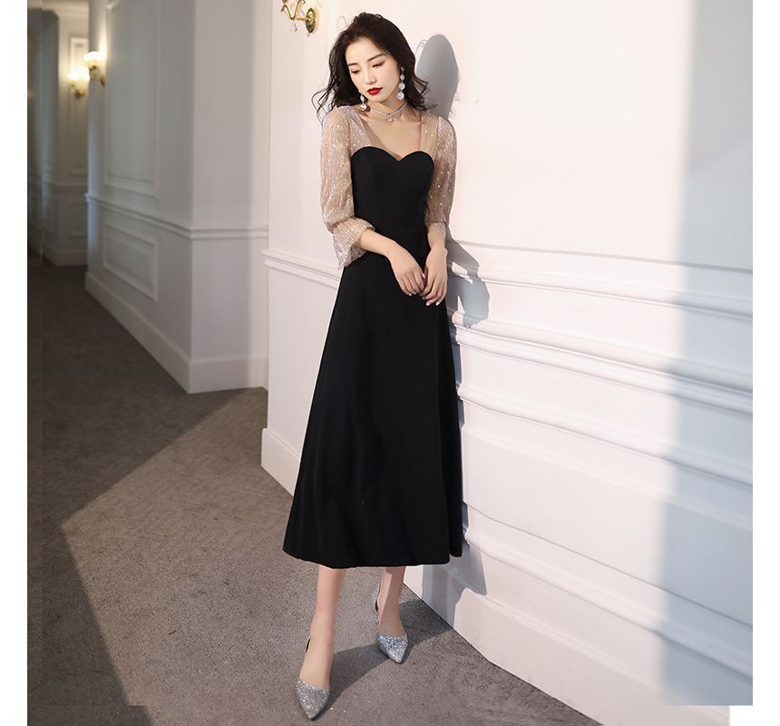 A-Line Dress / Neck Sequin Sweetheart Cocktail Gown Panel Evening Mesh 3/4-Sleeve