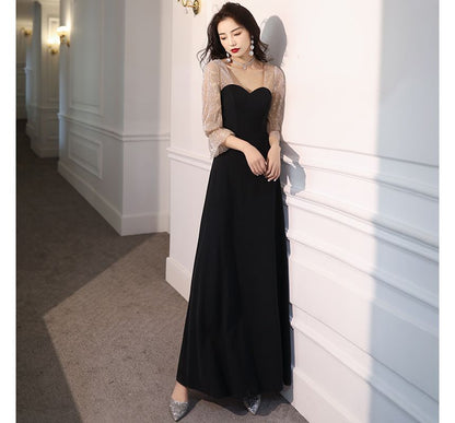 A-Line Dress / Neck Sequin Sweetheart Cocktail Gown Panel Evening Mesh 3/4-Sleeve