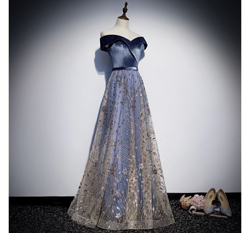 Off Shoulder Plain Sequin Glitter Velvet Panel Mesh A-Line Wrap Evening Gown