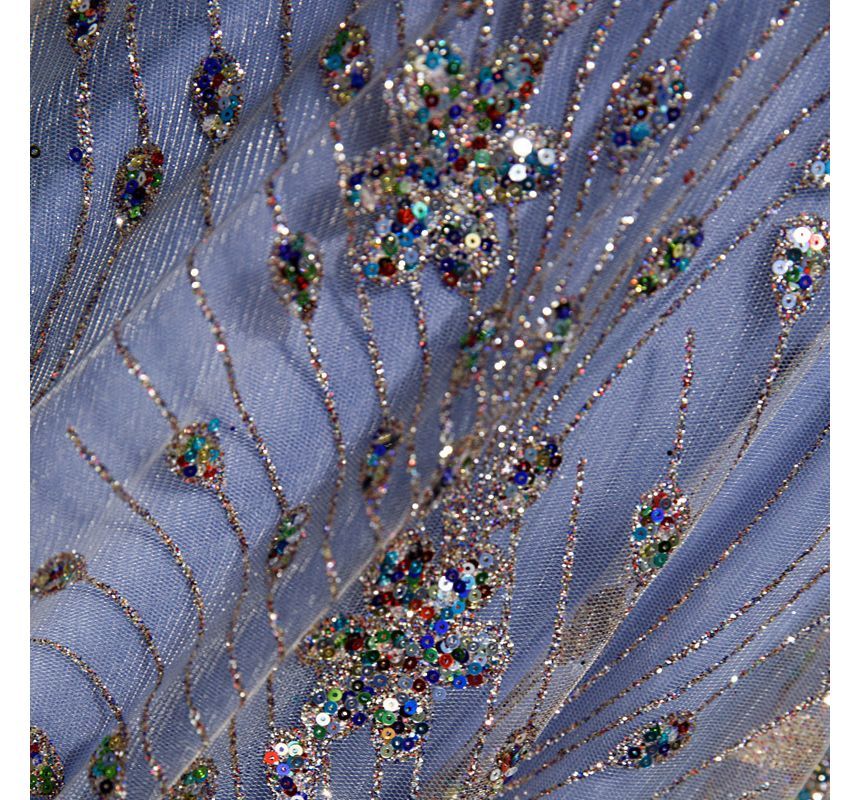 Off Shoulder Plain Sequin Glitter Velvet Panel Mesh A-Line Wrap Evening Gown