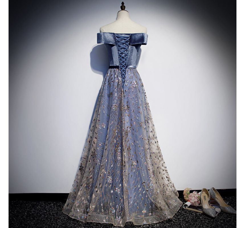 Off Shoulder Plain Sequin Glitter Velvet Panel Mesh A-Line Wrap Evening Gown