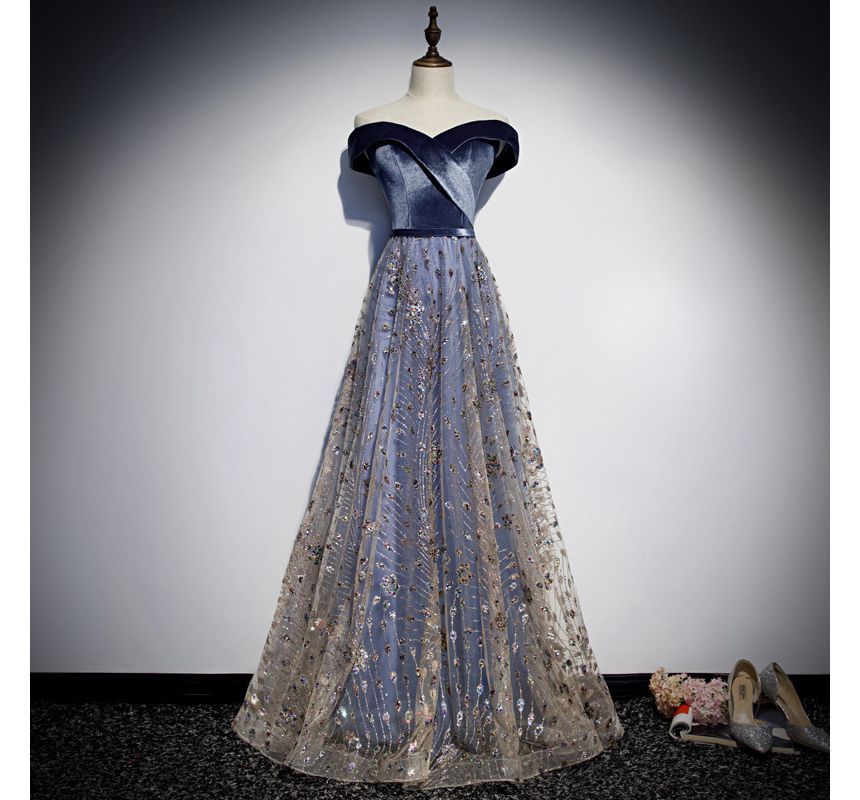 Off Shoulder Plain Sequin Glitter Velvet Panel Mesh A-Line Wrap Evening Gown
