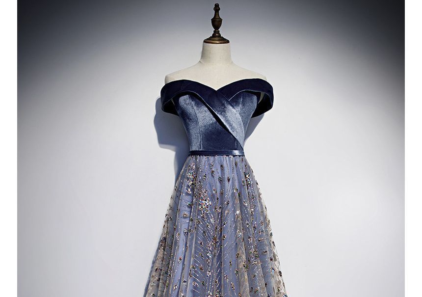 Off Shoulder Plain Sequin Glitter Velvet Panel Mesh A-Line Wrap Evening Gown