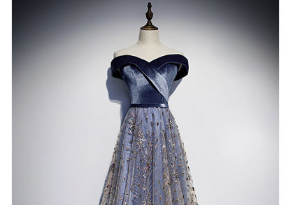 Off Shoulder Plain Sequin Glitter Velvet Panel Mesh A-Line Wrap Evening Gown