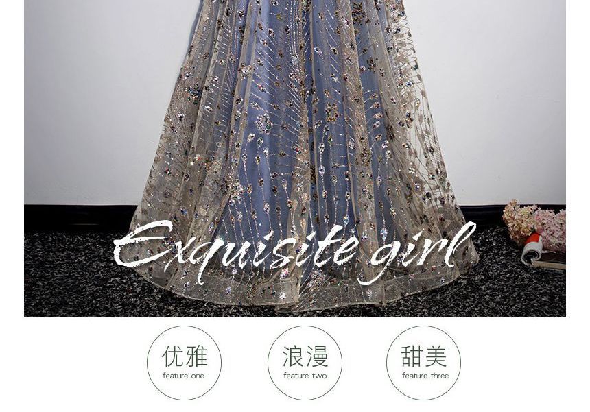 Off Shoulder Plain Sequin Glitter Velvet Panel Mesh A-Line Wrap Evening Gown