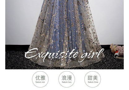 Off Shoulder Plain Sequin Glitter Velvet Panel Mesh A-Line Wrap Evening Gown