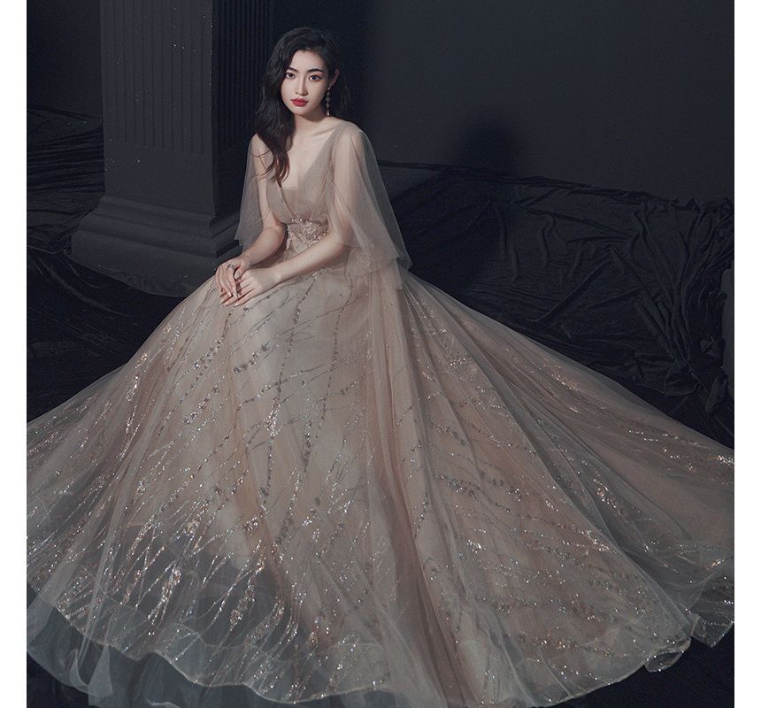 Elbow-Sleeve V-Neck Plain Flower Embroidered Glitter Mesh A-Line Evening Gown