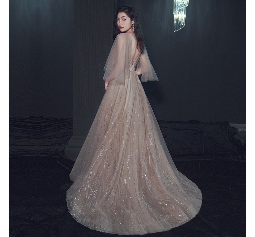 Elbow-Sleeve V-Neck Plain Flower Embroidered Glitter Mesh A-Line Evening Gown