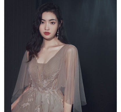 Elbow-Sleeve V-Neck Plain Flower Embroidered Glitter Mesh A-Line Evening Gown