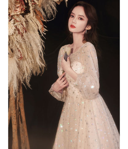 Plain Sequin Gown Evening Mesh A-Line