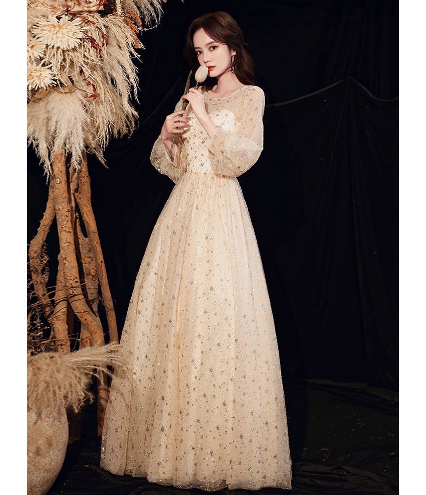 Plain Sequin Gown Evening Mesh A-Line