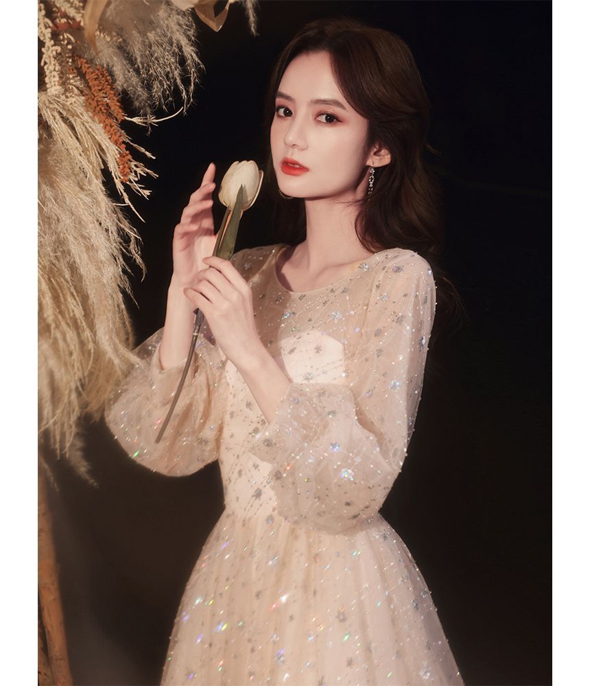 Plain Sequin Gown Evening Mesh A-Line