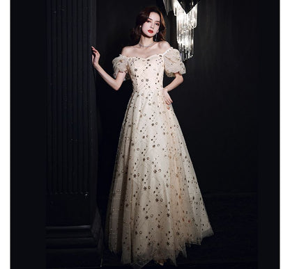 Plain Sequin Mesh A-Line Evening Gown