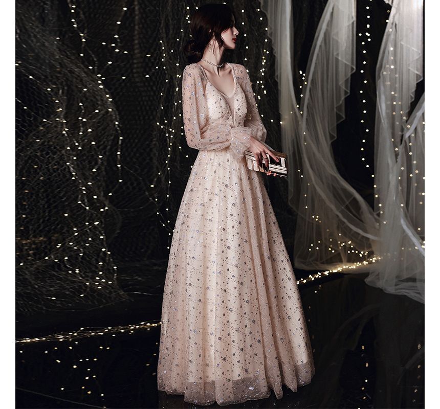 Plain Sequin Mesh A-Line Evening Gown