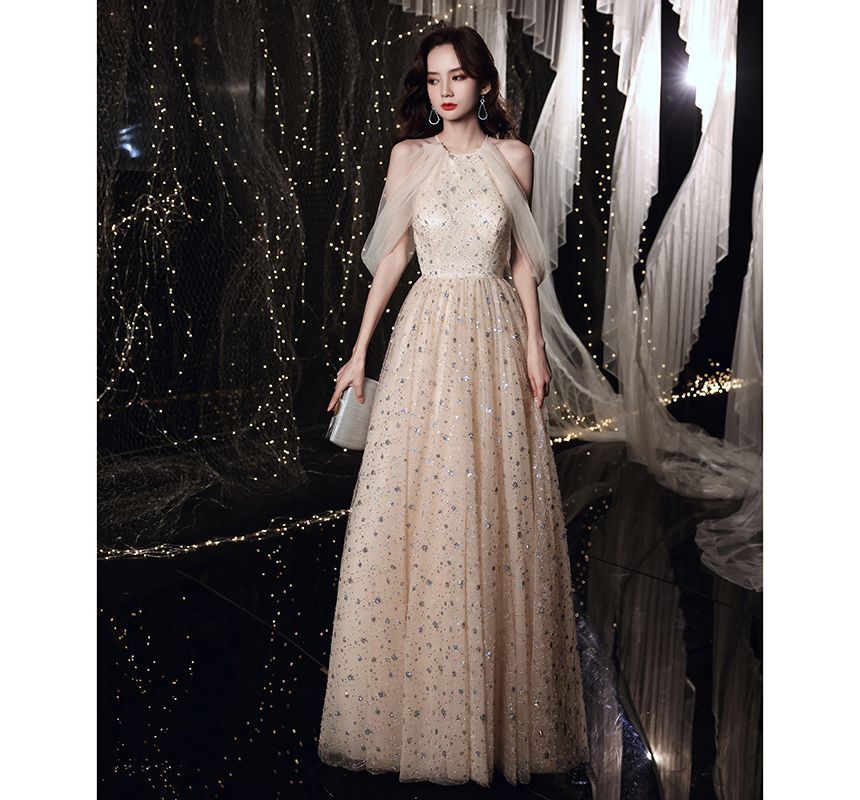 Plain Sequin Mesh A-Line Evening Gown