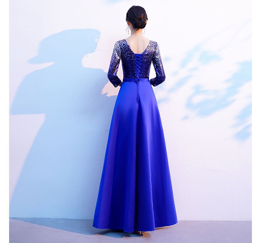 Gown Satin Neck 3/4-Sleeve Plain Evening Sequin A-Line Round