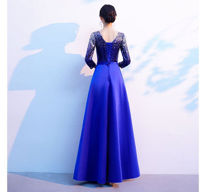 Gown Satin Neck 3/4-Sleeve Plain Evening Sequin A-Line Round