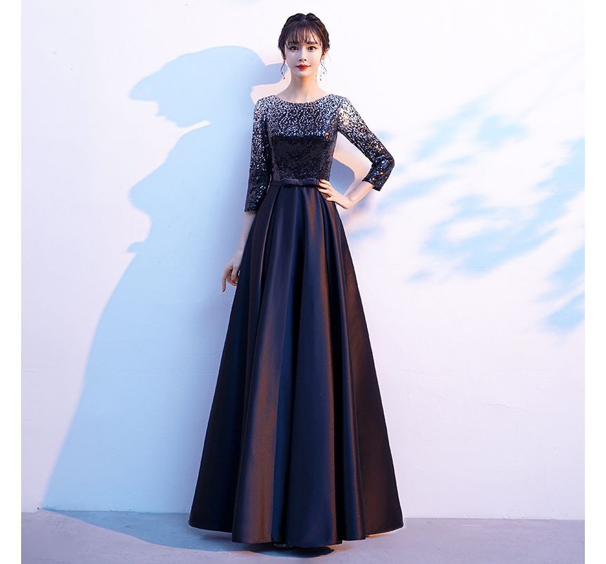 Gown Satin Neck 3/4-Sleeve Plain Evening Sequin A-Line Round