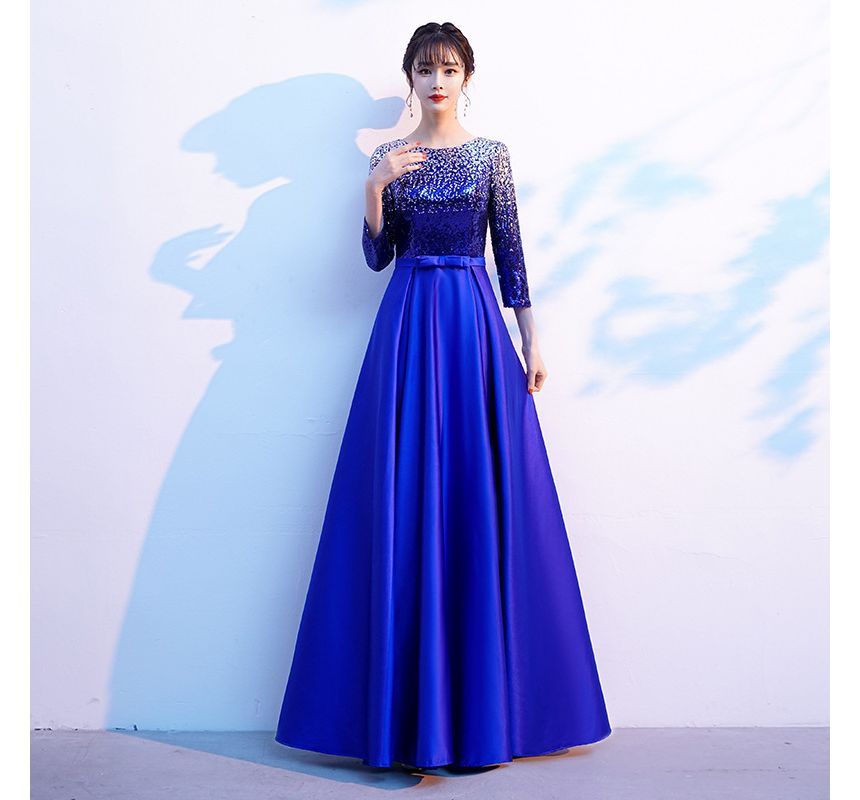 Gown Satin Neck 3/4-Sleeve Plain Evening Sequin A-Line Round