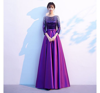 Gown Satin Neck 3/4-Sleeve Plain Evening Sequin A-Line Round
