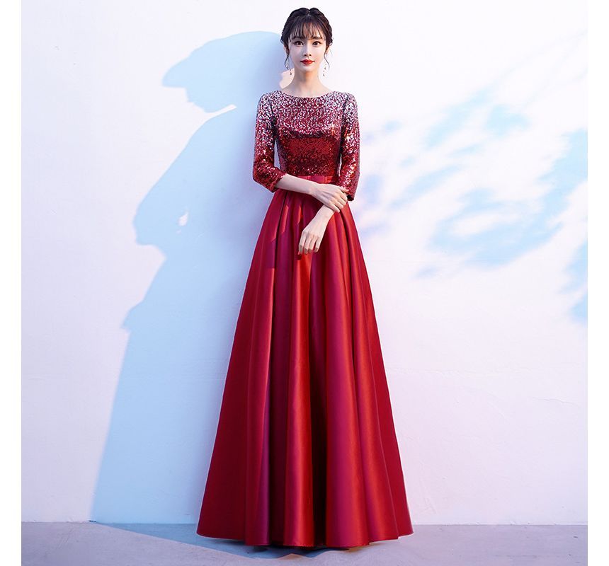 Gown Satin Neck 3/4-Sleeve Plain Evening Sequin A-Line Round