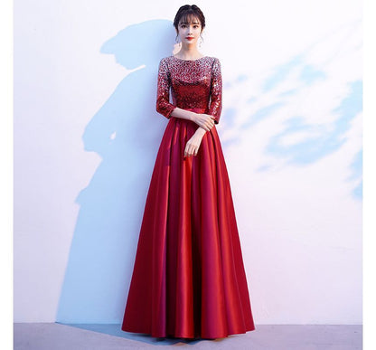 Gown Satin Neck 3/4-Sleeve Plain Evening Sequin A-Line Round