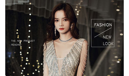 Sleeveless V-Neck Plain Multi-Chain Sequin Mermaid Evening Gown