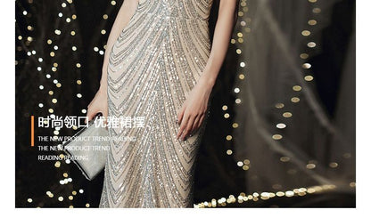 Sleeveless V-Neck Plain Multi-Chain Sequin Mermaid Evening Gown