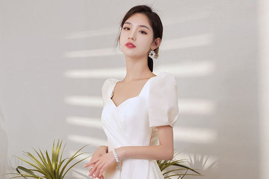 Puff Sleeve Sweetheart Neck Plain Faux Pearl Ruched A-Line Wedding Gown