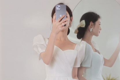 Puff Sleeve Sweetheart Neck Plain Faux Pearl Ruched A-Line Wedding Gown