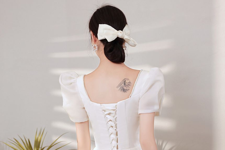 Puff Sleeve Sweetheart Neck Plain Faux Pearl Ruched A-Line Wedding Gown