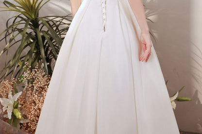 Puff Sleeve Sweetheart Neck Plain Faux Pearl Ruched A-Line Wedding Gown