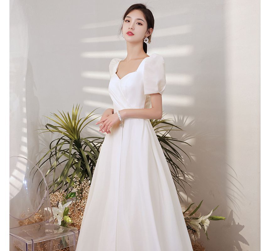 Puff Sleeve Sweetheart Neck Plain Faux Pearl Ruched A-Line Wedding Gown