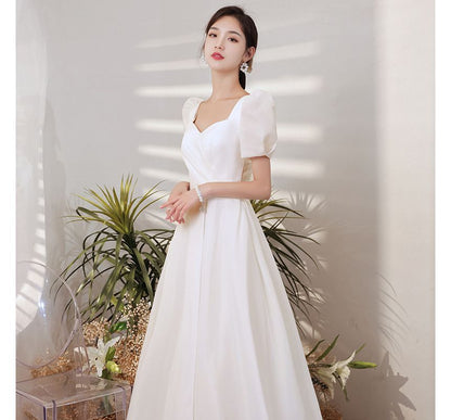 Puff Sleeve Sweetheart Neck Plain Faux Pearl Ruched A-Line Wedding Gown