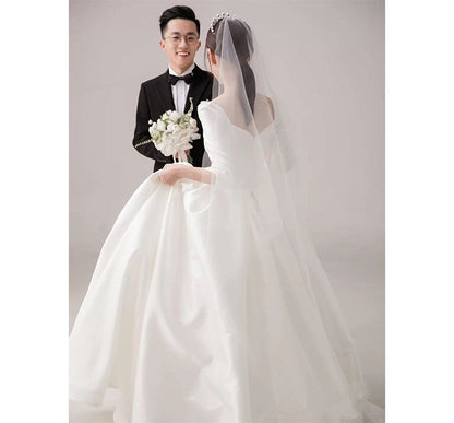 Neck Plain Pleated 3/4-Sleeve Wedding Square A-Line Gown