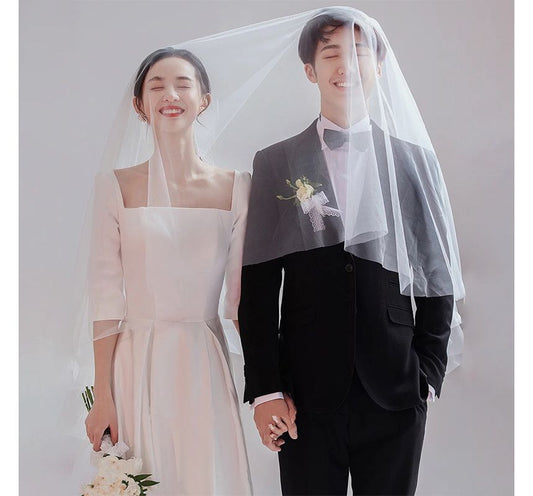 Elbow-Sleeve Square Neck Plain Pleated A-Line Wedding Gown