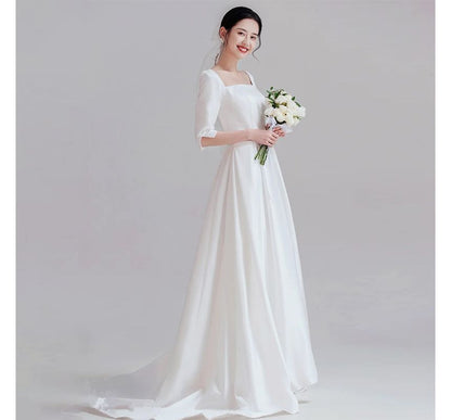 Elbow-Sleeve Square Neck Plain Pleated A-Line Wedding Gown