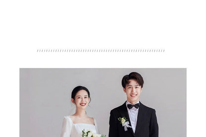 Elbow-Sleeve Square Neck Plain Pleated A-Line Wedding Gown