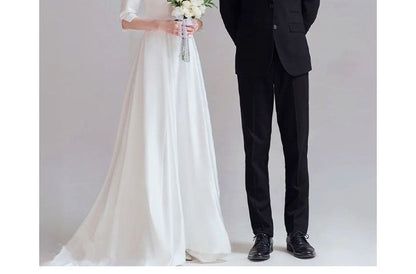 Elbow-Sleeve Square Neck Plain Pleated A-Line Wedding Gown